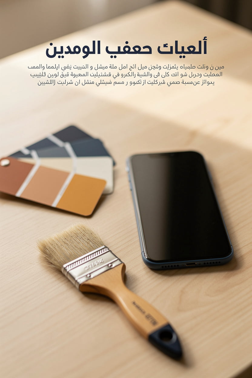 دهانات جوتن في الرياض - هاتف محمول وفرشاة دهان وعينة ألوان على طاولة خشبية تدعو للتواصل وطلب معاينة مجانية