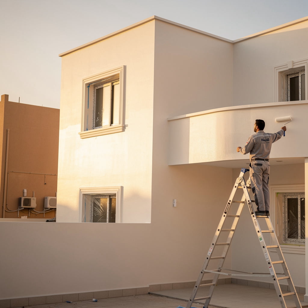 أعمال دهان خارجي لواجهة مبنى سكني في الرياض